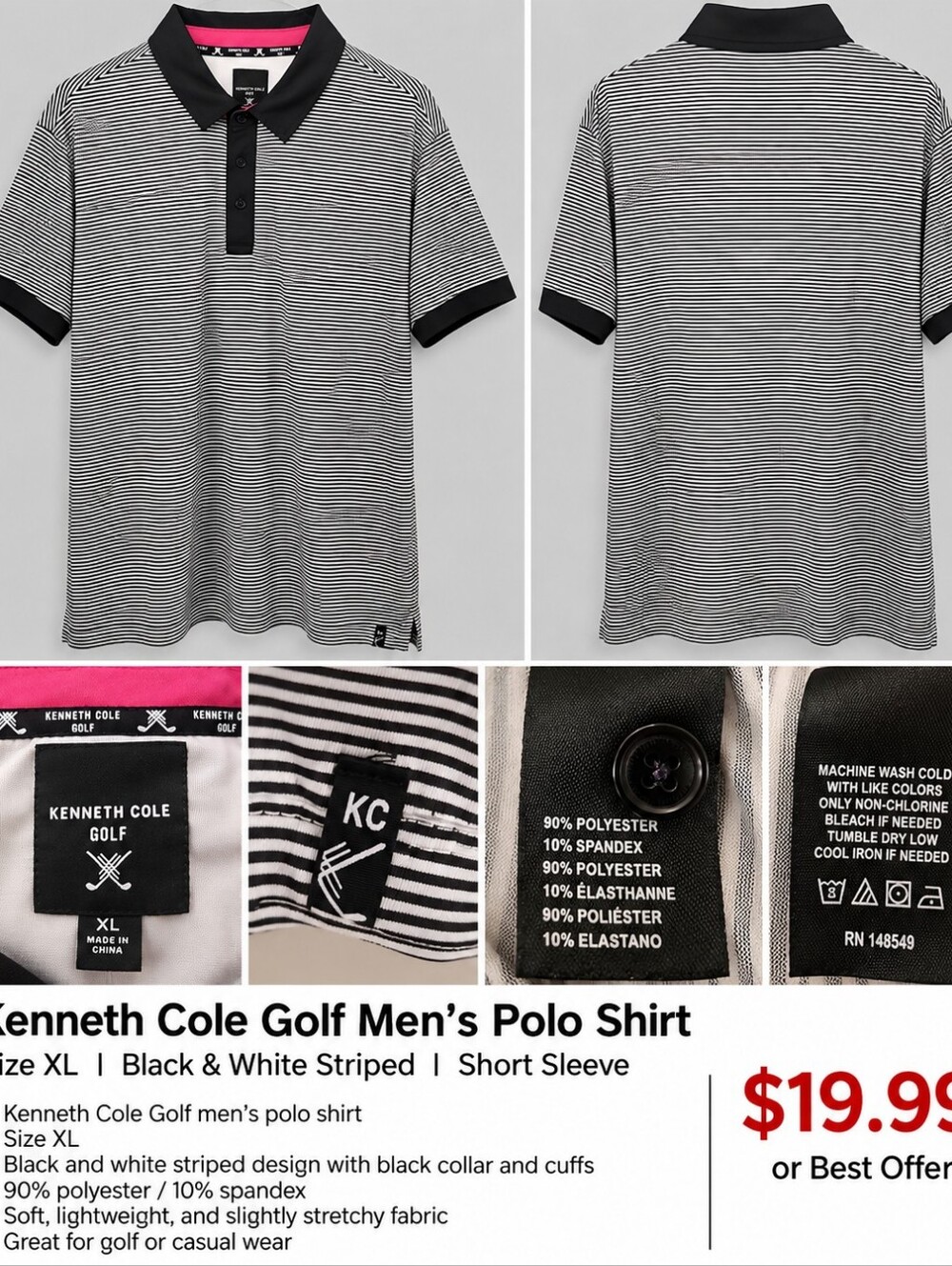 Kenneth Cole Black & White Micro-Stripe Polo with Black Trim
